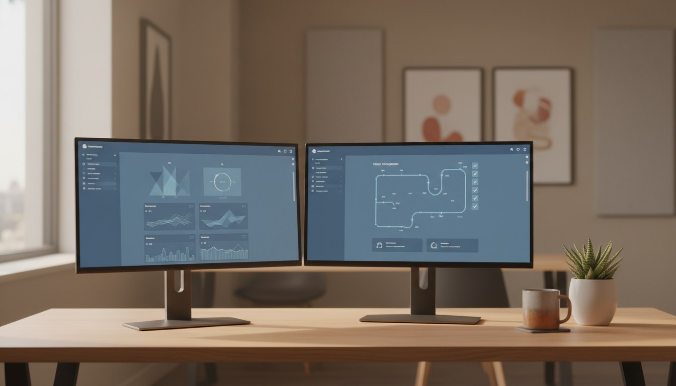Modern dual-monitor workstation showing operations dashboard and stops-completion view on blue interface